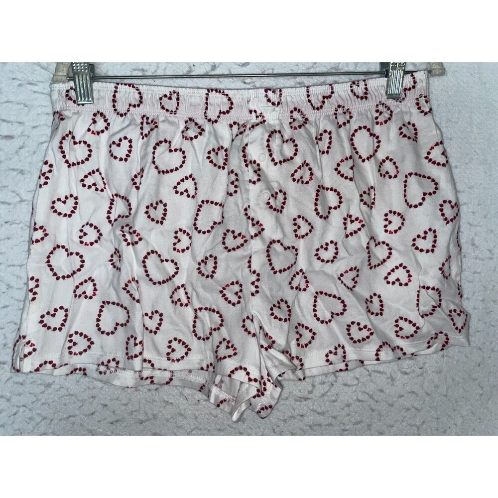 Victorias Secret PINK M Sleep Shorts White Red Hearts Boxer Pajama Cotton Blend